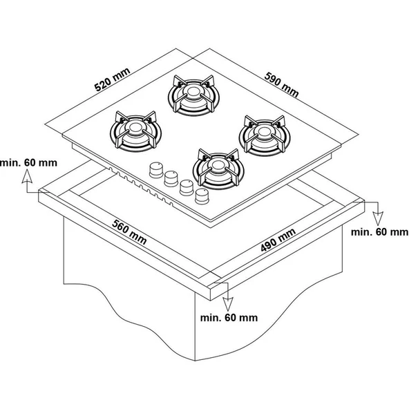 Simfer 3032 Emniyetli 4G Woklu Döküm Izgaralı Setüstü Cam Ocak Doğalgazlı - Resim 3