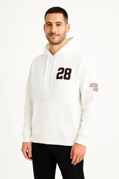 Üç İplik Kapüşonlu Ön Ve Arka Baskılı weathirt Hoodie  Beyaz - Resim 3