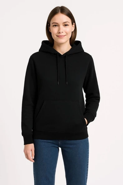 Üç İplik Kapüşonlu Kanguru Çepli weathirt Hoodie  iyah ürün görseli
