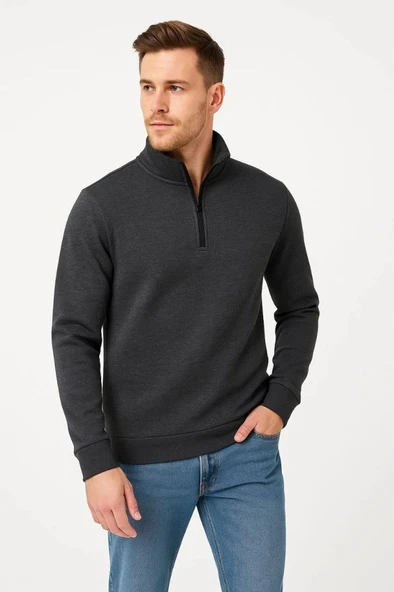Erkek Dik Yaka weatshirt Dik Yaka Yarım Fermuarlı 3 İplik Şardonlu Pamuk Kumaş  Antrasit - Resim 2