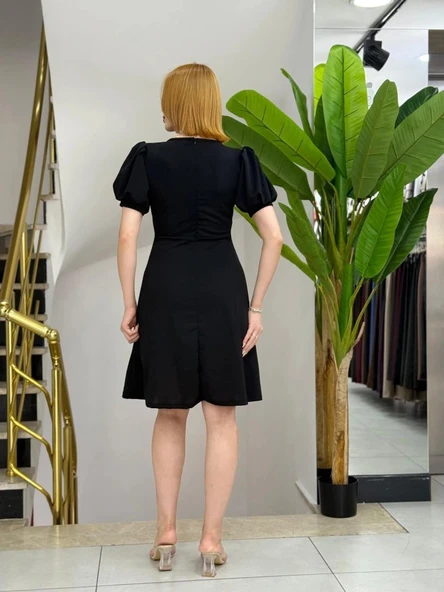 Kadın Kısa Kollu Bisiklet Yaka önden Düğmeli Ithal Krep Elbise - Resim 3