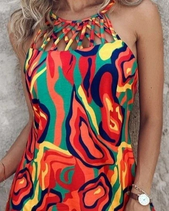 Kadın Omuzlardan Açık çapraz şerit Detaylı Desenli Süprem Elbise - Resim 2