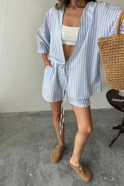 ÇİZGİİ TUNİK ŞORT TAKI  avi - Resim 2