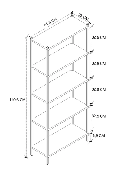 Bofigo 5 Raflı Kitaplık Dekoratif Kitaplık Metal Kitaplık Ofis Kitaplığı Aksesuar Rafı Efes Safir Meşe - Resim 5