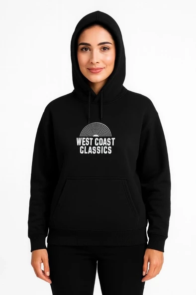 Üç İplik Kapüşonlu Ön Ve Arka Baskılı weathirt Hoodie  iyah ürün görseli