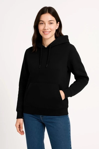Üç İplik Kapüşonlu Kanguru Çepli weathirt Hoodie  iyah - Resim 4