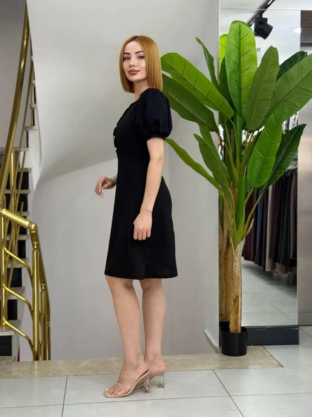 Kadın Kısa Kollu Bisiklet Yaka önden Düğmeli Ithal Krep Elbise - Resim 2