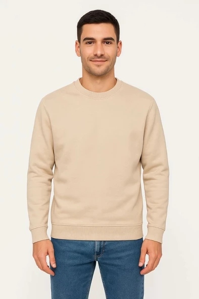 Erkek Üç İplik Düz Bisiklet Yaka weathirt  Bej - Resim 4