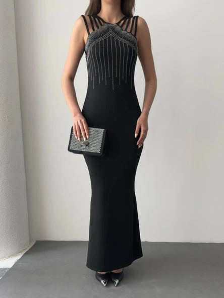 Kadın Omuz çoklu Askılı önü Taş Işlemeli Balık Kesim Janjan Krep Maxi Boy Elbise - Resim 6