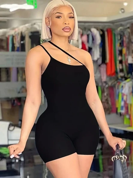 Kadın Asimetrik Askılı Mini Kaşkorse Bodycon Tulum - Resim 5