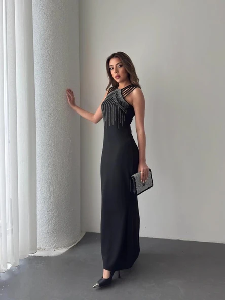 Kadın Omuz çoklu Askılı önü Taş Işlemeli Balık Kesim Janjan Krep Maxi Boy Elbise - Resim 2