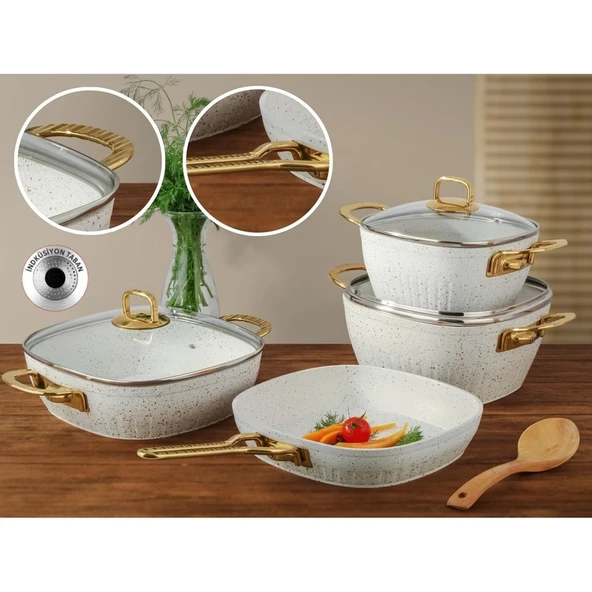 Lines Defne 7 Parça Altın Metal Kulplu Indüksiyon Taban Kare Granit Tencere Seti ürün görseli