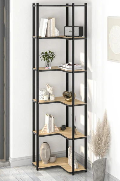 Bofigo 6 Raflı Kitaplık Dekoratif Kitaplık Metal Kitaplık Ofis Kitaplığı Aksesuar Rafı Sardes Safir Meşe - Resim 3