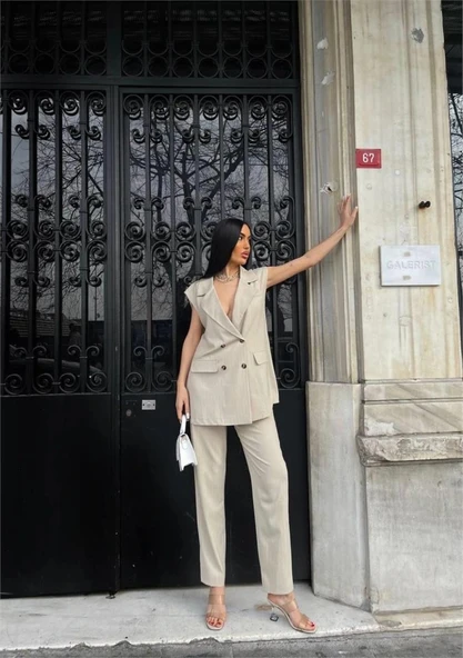 ÇİZGİİ UZUN YEEK PANTOON TAKI POVİCON Bej ürün görseli 1