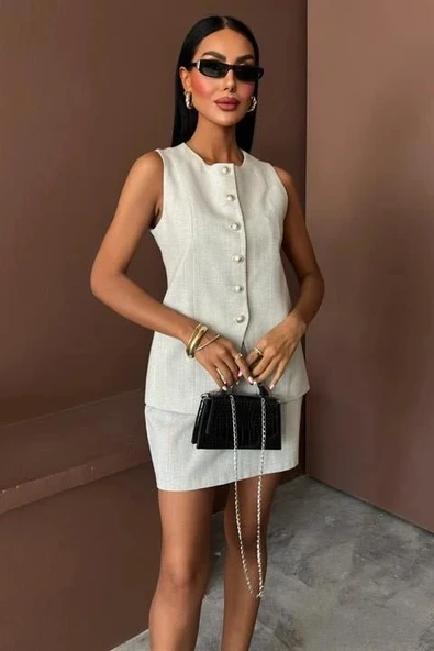 Uzun Yelek ini Etek Flamlı Keten Takım 10148 - Resim 7