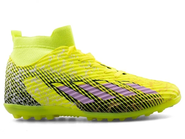 Erkek Halı Saha Ayakkabısı – Çoraplı Dokuma Model – Sarı Lila Renk – Kaymaz Taban – Futbol Spor Ayakkabı - Resim 4