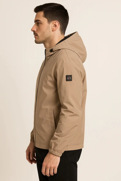 Kapüşonlu Fermuarlı Bej Renk Yağmurluk - Resim 2