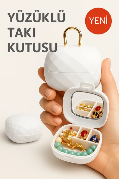 Taşınabilir Yüzüklü Takı Kutusu – Ayna ve 4 Bölmeli Mini Mücevher Organizer - Beyaz ürün görseli 1