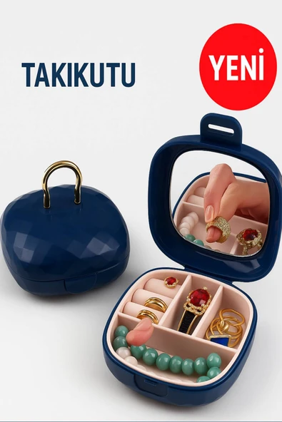 Taşınabilir Yüzüklü Takı Kutusu – Ayna ve 4 Bölmeli Mini Mücevher Organizer - Lacivert ürün görseli 1