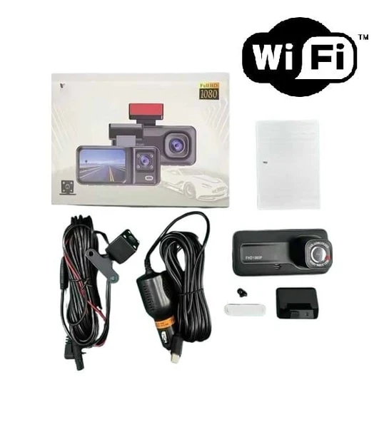 Araç Kamerası - 3 Kameralı Wifi Ön , İç ve Arka Full HD DVR Araç İçi Ekranlı Kamera ürün görseli