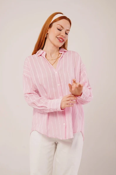 Kol Düğmeli Çizgili Pembe Gömlek - Resim 2