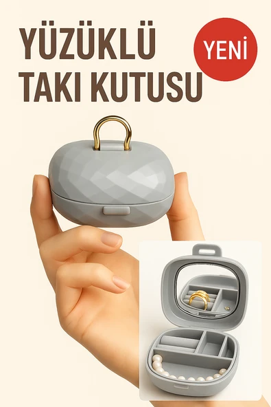 Taşınabilir Yüzüklü Takı Kutusu – Ayna ve 4 Bölmeli Mini Mücevher Organizer - Gri ürün görseli 1