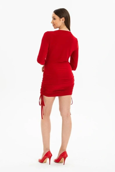 Kadın Uzun Kol Büzgü Detaylı andy Kumaş Ayarlanabilir Boy Fırsat Ürün Elbise - Resim 7