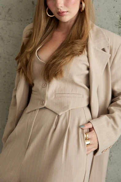 Bej Çizgili Ceket  Yelek Ve Pantolon Takım - Resim 4