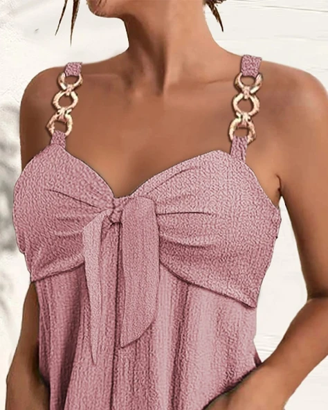 Kadın Kolsuz Askı Aksesuarlı önü Bağlama Detay Salopet şort Tulum - Resim 6