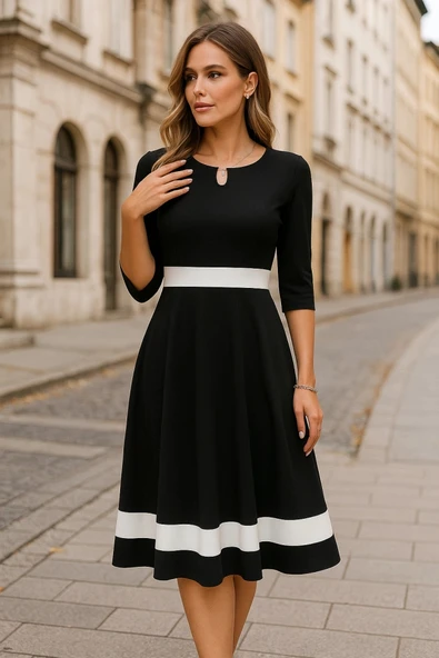 Kadın Truvakar Kol Yakası Açık Blok Renkli Krep Midi Elbise ürün görseli