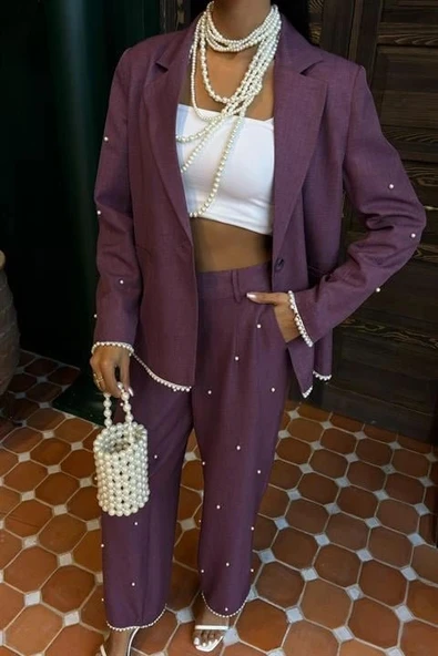 İnci Detaylı Ceket Pantolon Keten Takım 10124 - Resim 7
