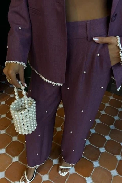 İnci Detaylı Ceket Pantolon Keten Takım 10124 - Resim 4