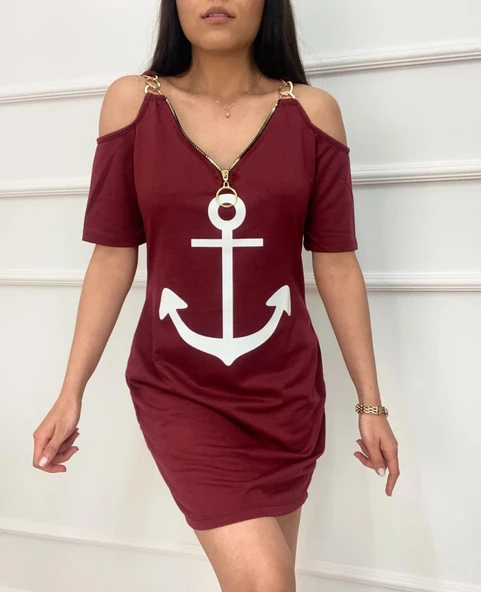 Fermuar Detay çıpa Baskılı Zincir Askılı Iki Iplik Elbise  Bordo - Resim 4