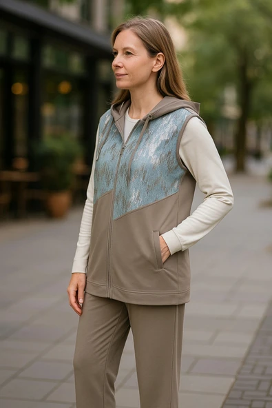 Üçlü Kot Detaylı Kolsuz Kapüşonlu Takım - Resim 3