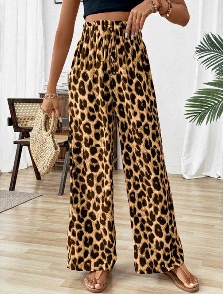 Kadın Süprem Kumaş Beli Lastikli Leopar Desen Pantolon ürün görseli 1