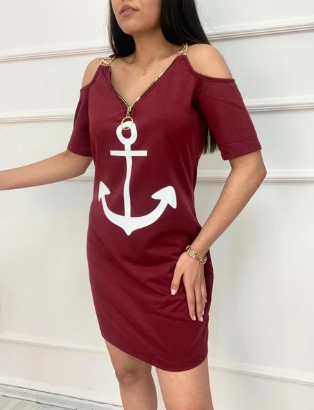 Fermuar Detay çıpa Baskılı Zincir Askılı Iki Iplik Elbise  Bordo - Resim 2