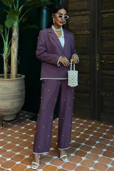 İnci Detaylı Ceket Pantolon Keten Takım 10124 ürün görseli 1