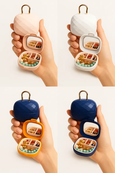 Taşınabilir Yüzüklü Takı Kutusu – Ayna ve 4 Bölmeli Mini Mücevher Organizer - Turuncu - Resim 3