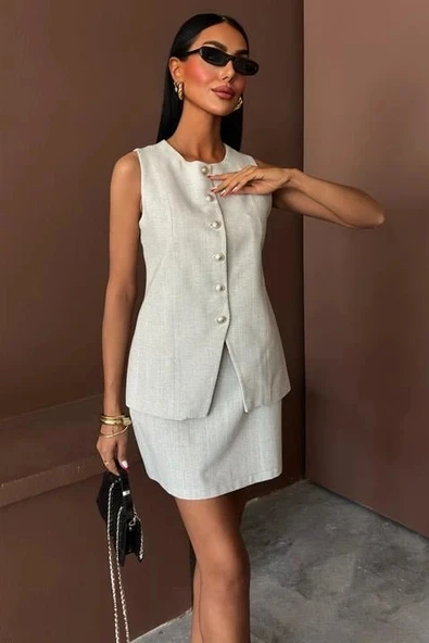 Uzun Yelek ini Etek Flamlı Keten Takım 10148 - Resim 3