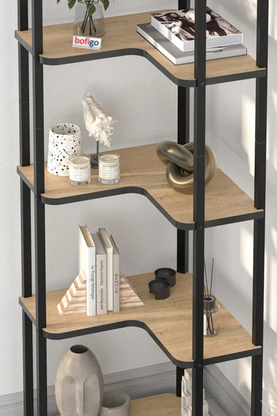 Bofigo 6 Raflı Kitaplık Dekoratif Kitaplık Metal Kitaplık Ofis Kitaplığı Aksesuar Rafı Sardes Safir Meşe - Resim 4