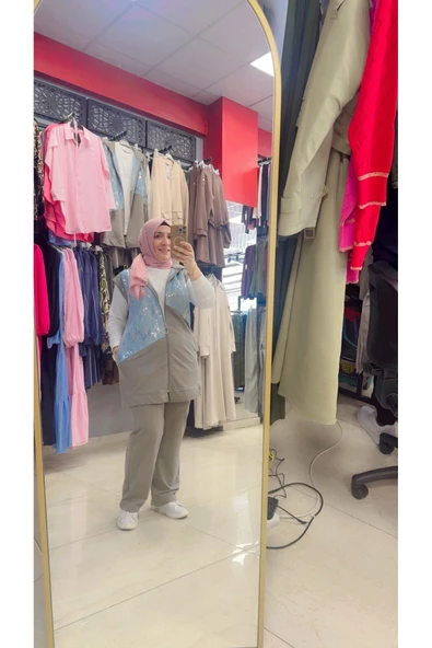 Üçlü Kot Detaylı Kolsuz Kapüşonlu Takım - Resim 2