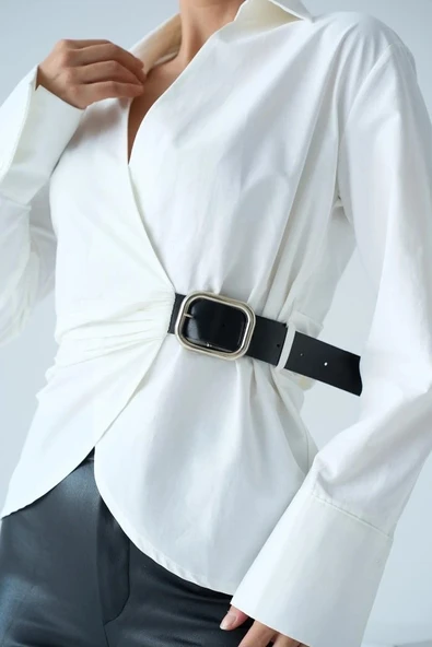 Kemerli Gömlek  Ekru - Resim 2