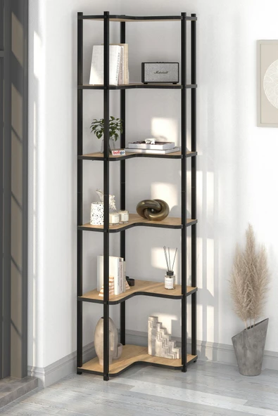 Bofigo 6 Raflı Kitaplık Dekoratif Kitaplık Metal Kitaplık Ofis Kitaplığı Aksesuar Rafı Sardes Safir Meşe - Resim 2