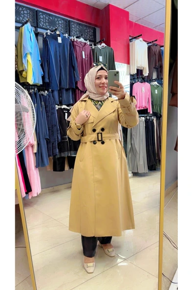 Düğmeli ve Kuşaklı Uzun Boy Trençkop ürün görseli 1