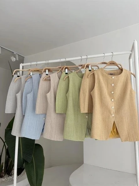 Uzun Yelek ini Etek Flamlı Keten Takım 10148 - Resim 8