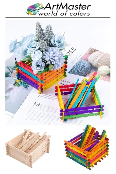 Renkli Dil Çubuğu Geçmeli Dar 150 Li 1 Paket Ahşap Çubuk Çentikli Eklemeli Renkli Tırtıklı Dondurma Çubuğu - Resim 3