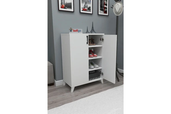 Bofigo 4 Raflı 2 Kapaklı Ayakkabılık Çok Amaçlı Dolap Ayakkabı Dolabı Ceren Beyaz - Resim 3