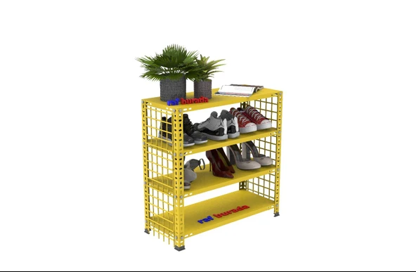 4 Katlı Renkli Tel Kafesli Çelik Ayakkabılık Rafı   Kırmızı 31X75X75 cm - Resim 3