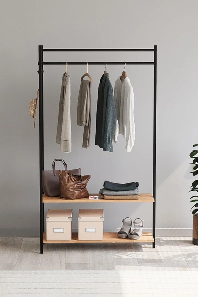 Bofigo Konfeksiyon Askısı Ayaklı Askılık Elbise Askılığı Raflı Askılık Jüpiter Çam - Resim 2