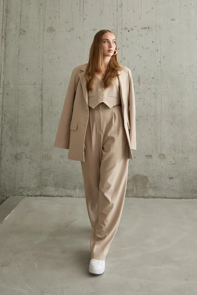 Bej Çizgili Ceket  Yelek Ve Pantolon Takım - Resim 2